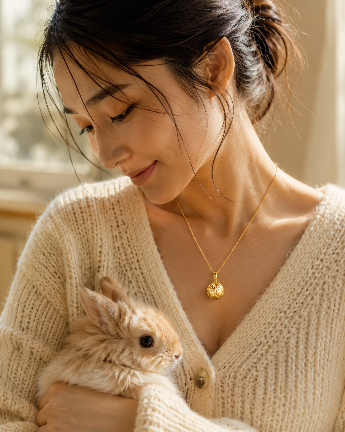 うさぎのしっぽペンダント 着用イメージ